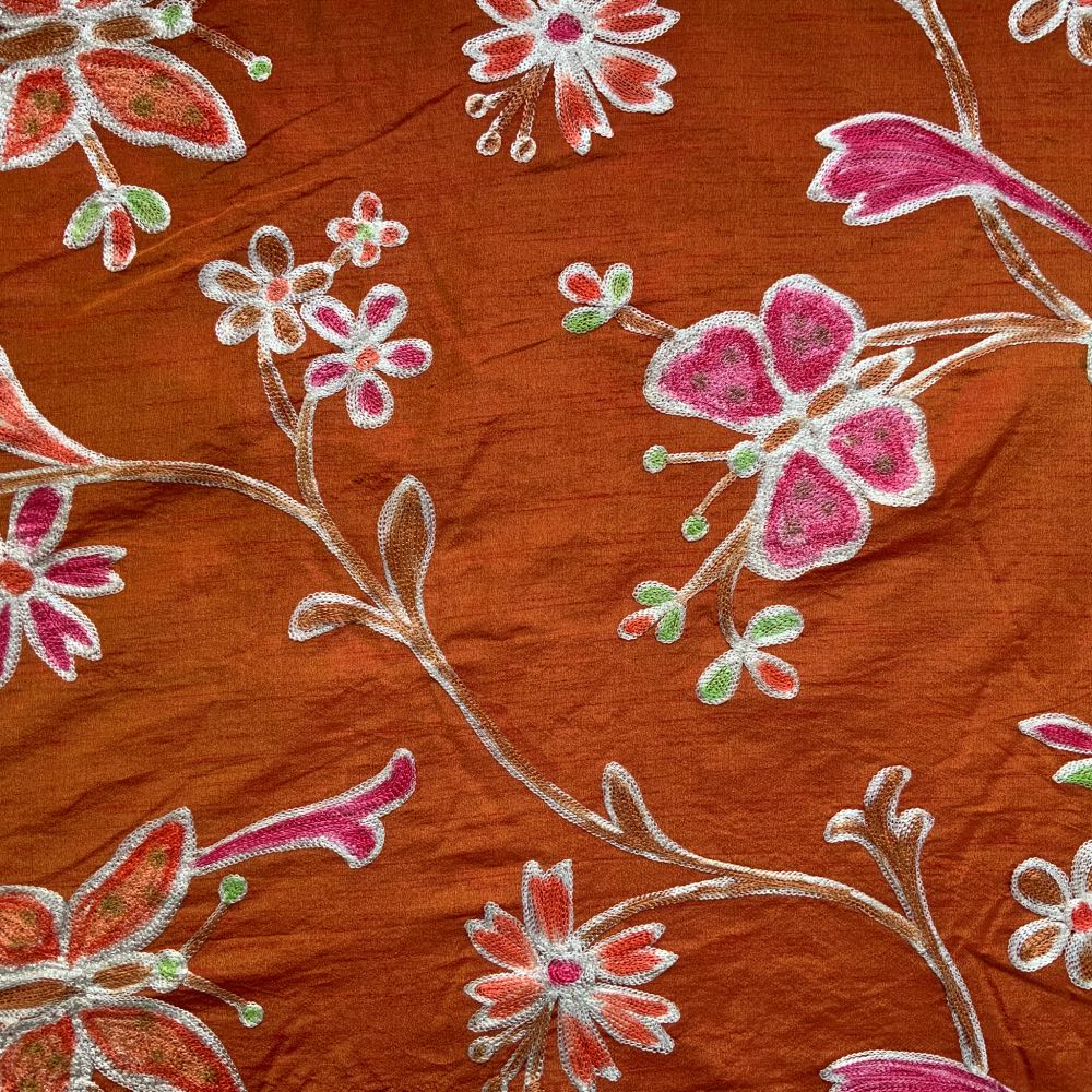 Orange Embroidered Silk Crewelwork Fabric